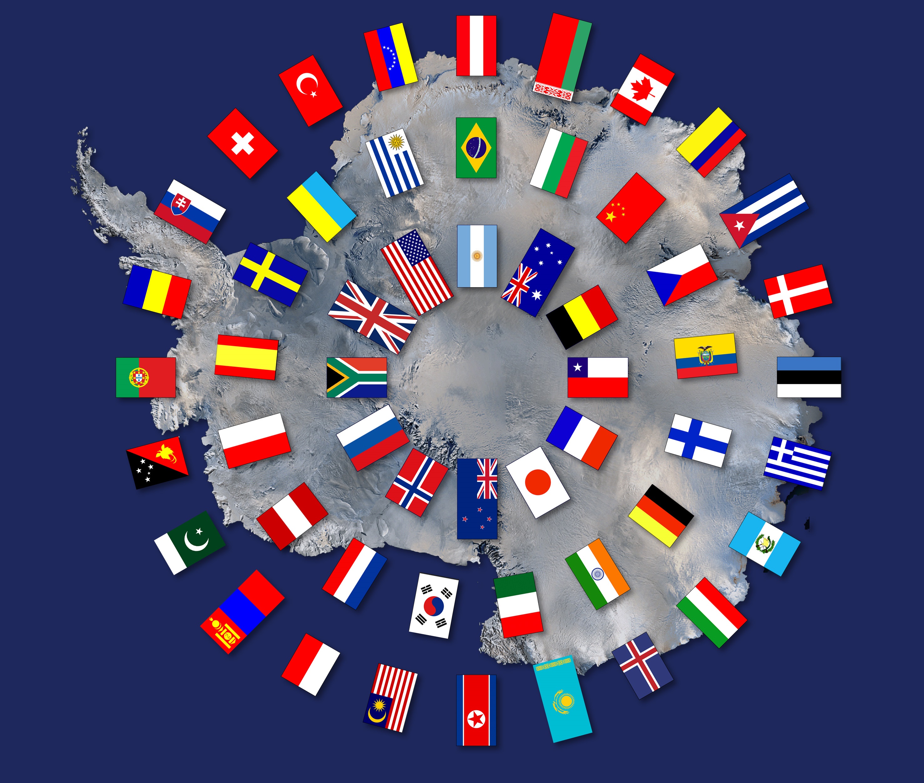 Flags of all 53 Treaty Parties on top of Antarctic map